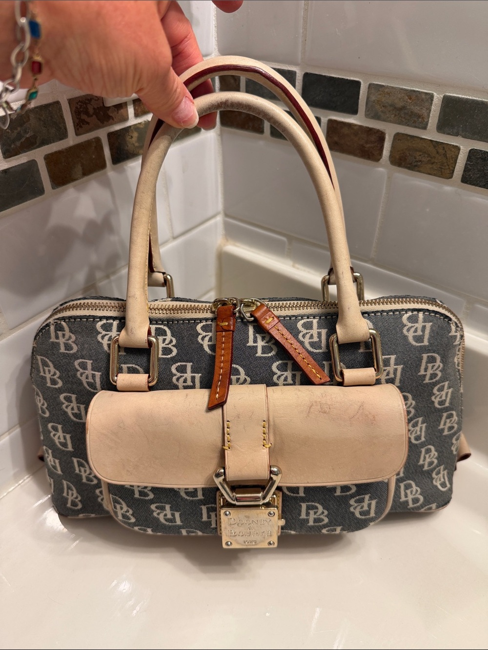 Dooney & Bourke Monogram Satchel in Brown and Cream